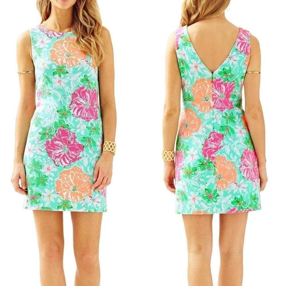 Lilly Pulitzer Eden aqua orange pink floral jacquard sleeveless a line dress med